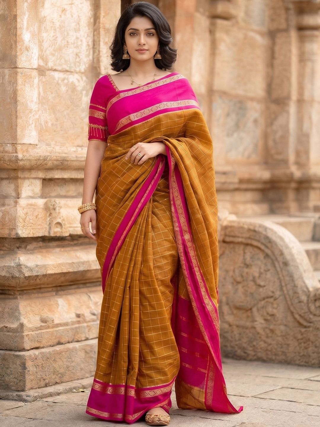 Mitera Checked Silk Blend Handloom Banarasi Saree-image-7