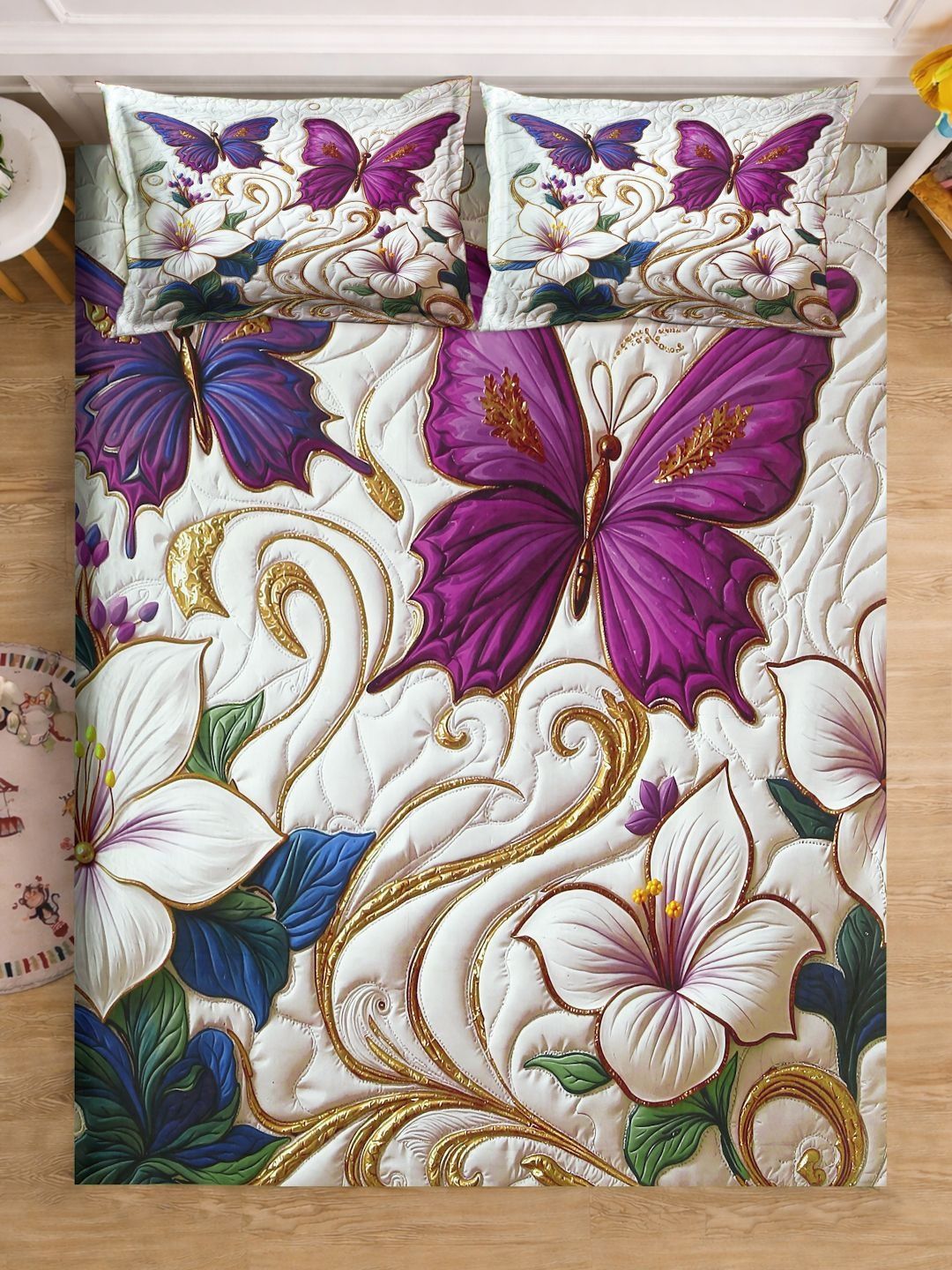 KLOTTHE White & Purple Printed 400 TC Double Bedsheet With 2 Pillow Covers-98.4 x 88.5Inch-image-28
