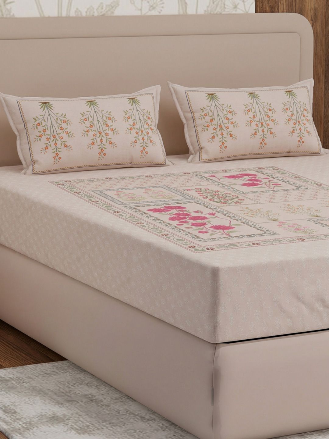 Monte Carlo Cream-Coloured Floral 180 TC Bedsheet with 2 Pillow Covers-image-42