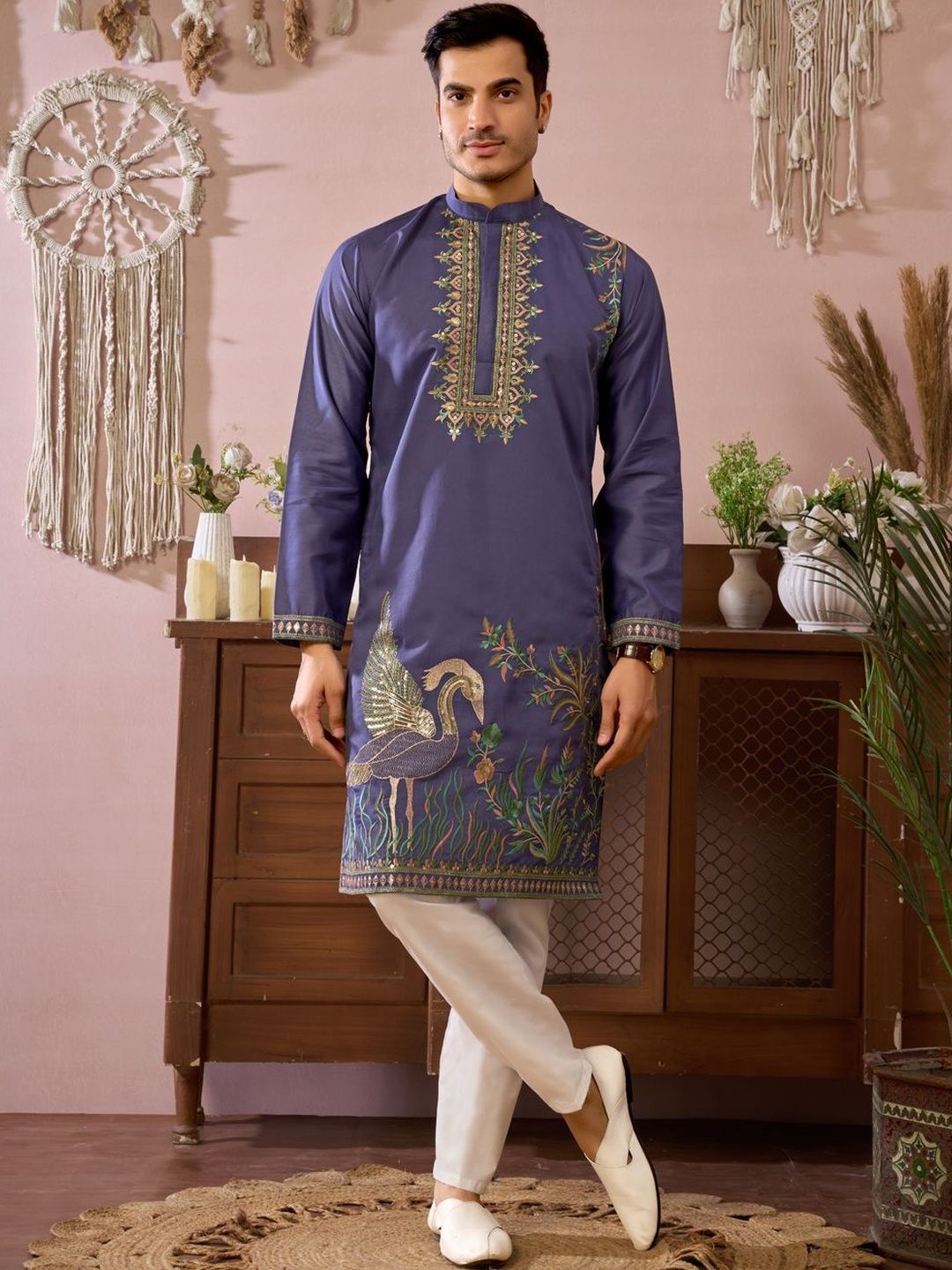 House of Pataudi Embroidered Cotton Mandarin Collar Knee Length Straight Kurta-picture-49
