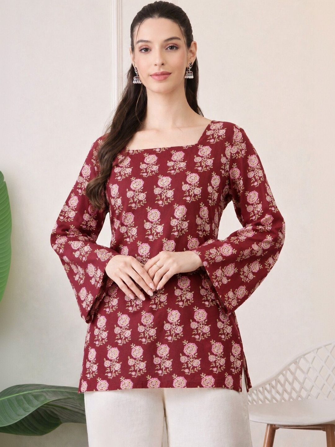 Black Teetar Floral Print Flared Sleeve Cotton Top-image-23