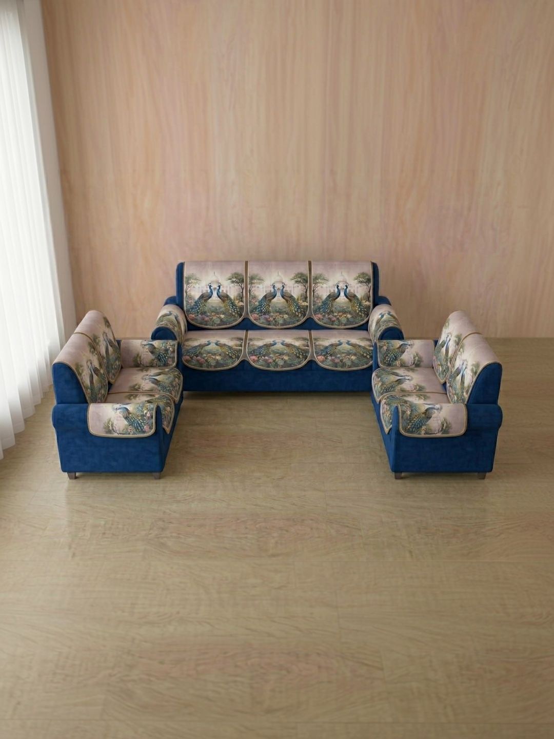 KANUM Blue & Blue Printed Polyester Blend Sofa Cover With Arms-picture-16