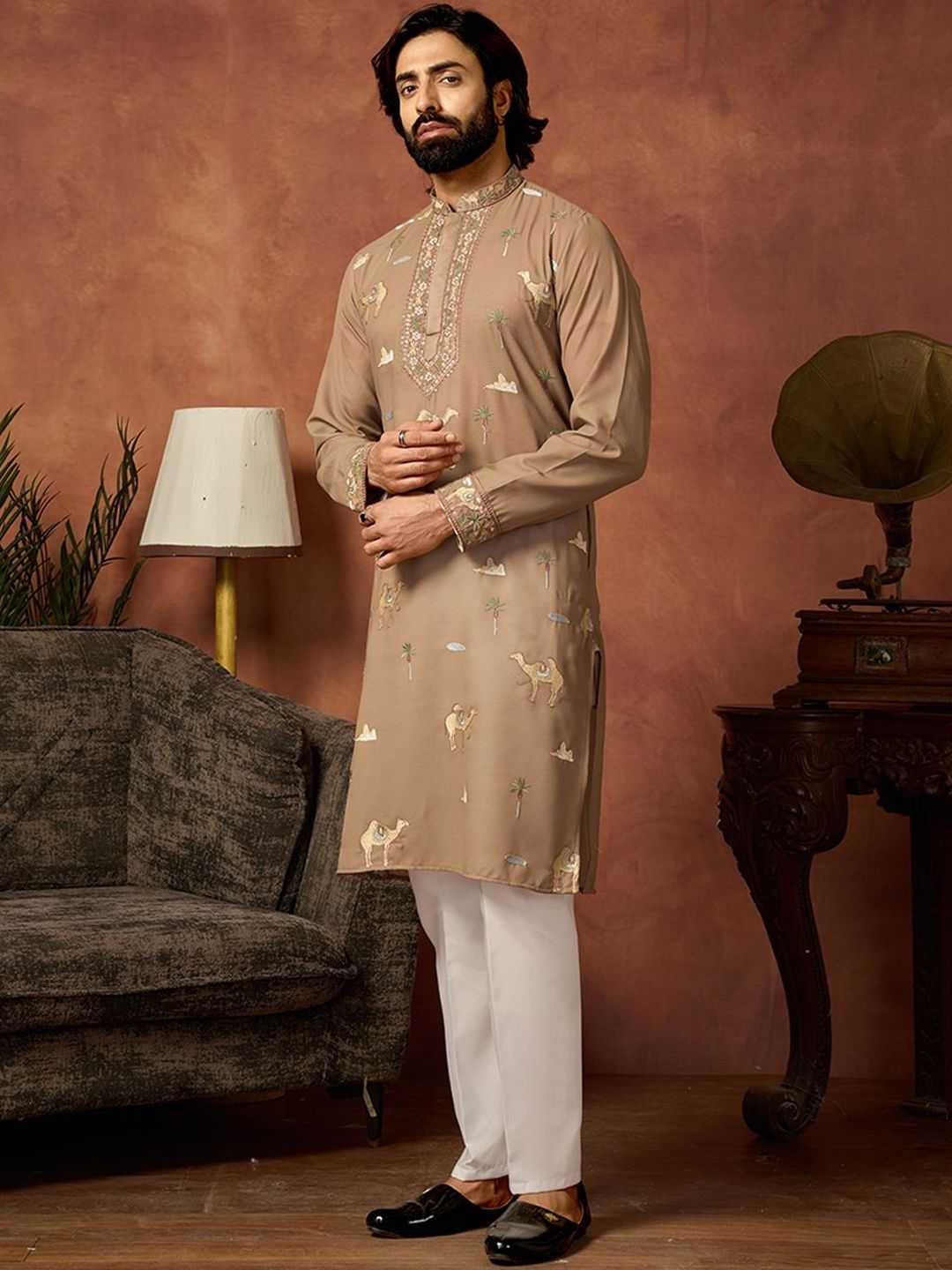 House of Pataudi Embroidered Cotton Mandarin Collar Knee Length Straight Kurta-picture-36