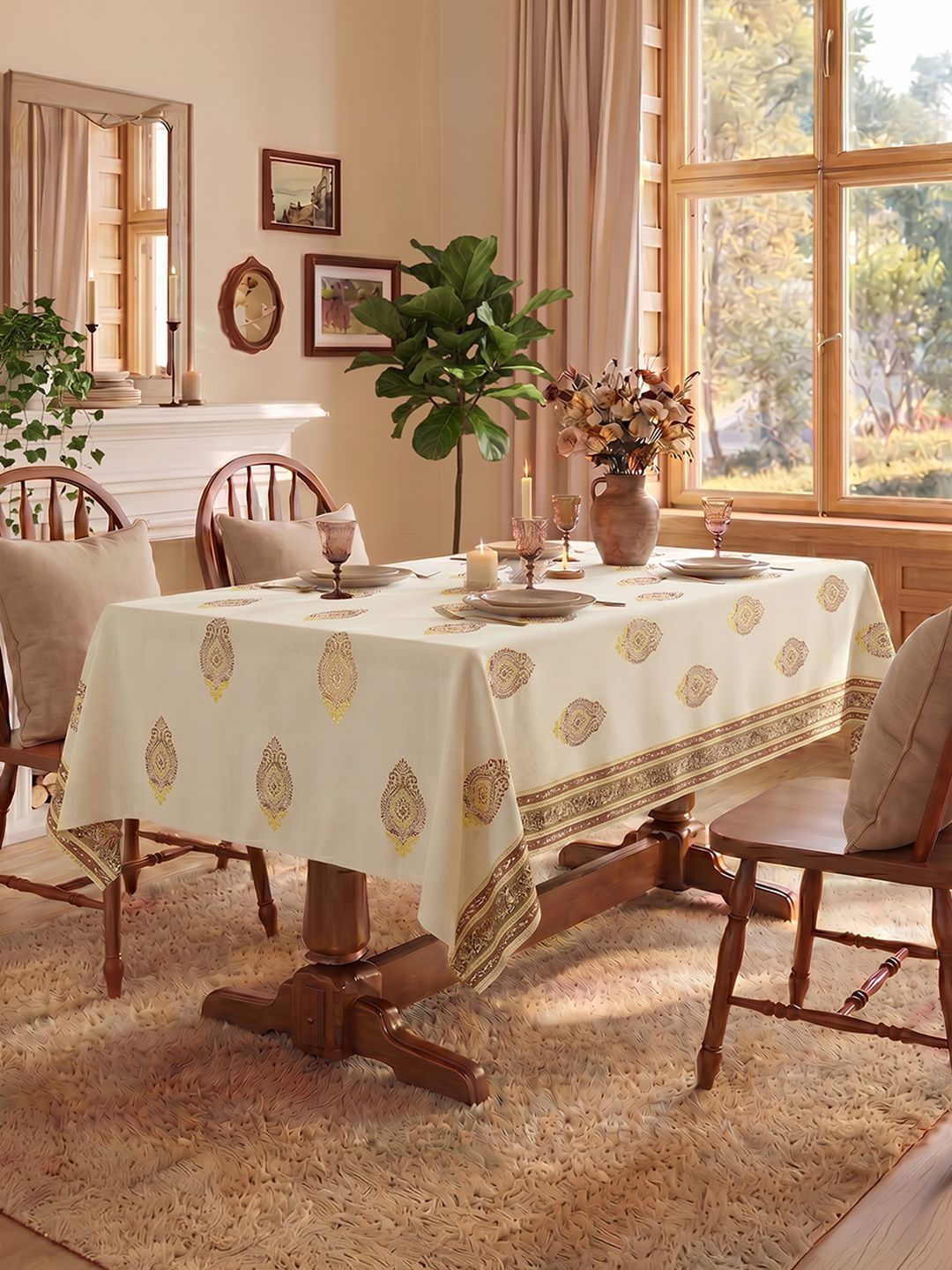 URBAN SPACE Brown Floral Anti-Skid Cotton 4-Seater Table Cover with Zari details-picture-14