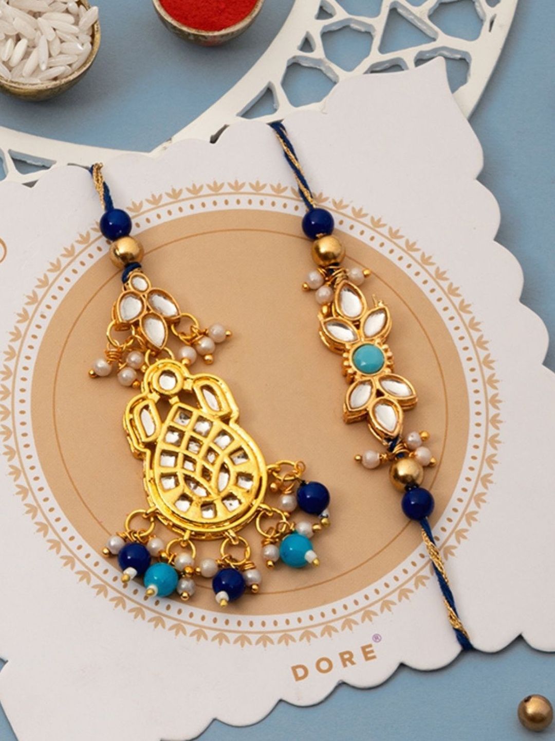 Dore Blue Floral Kundan Rakhi & Lumba Set with Pearl Beads for Bhaiya Bhabhi-picture-16