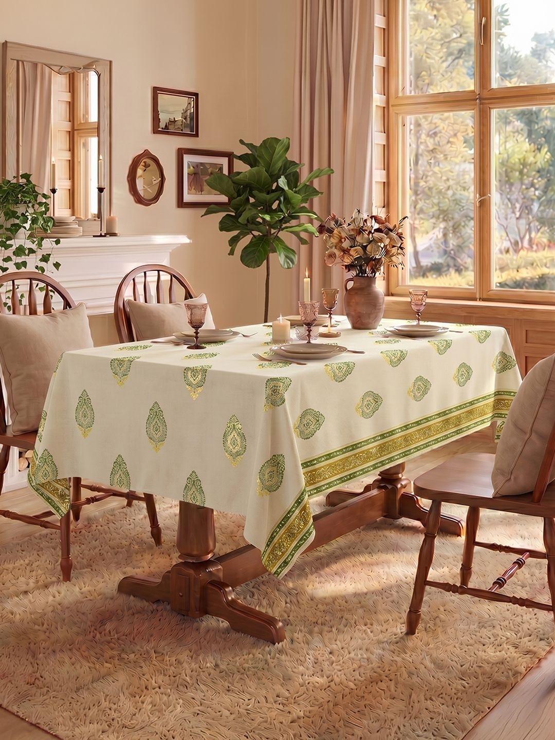 URBAN SPACE Green Floral Anti-Skid Cotton 4-Seater Table Cover with Zari details-picture-52