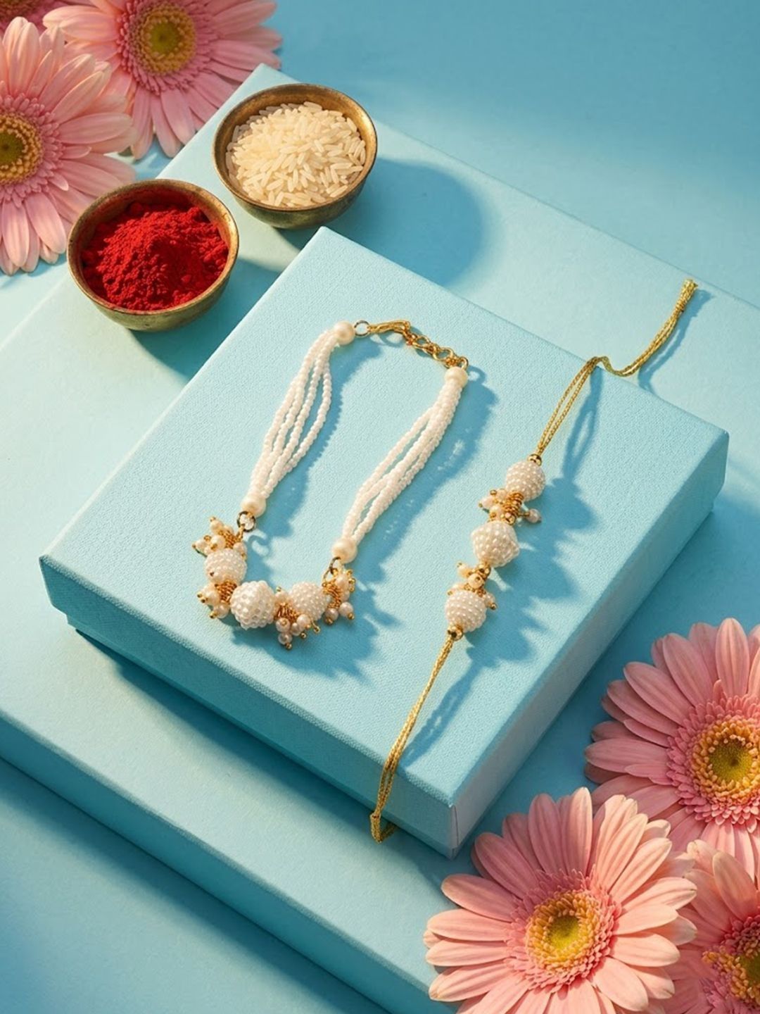 NVR Set Of 2 Gold Toned & White Pearls Bhaiya Bhabhi Rakhi With Roli Chawal-picture-31