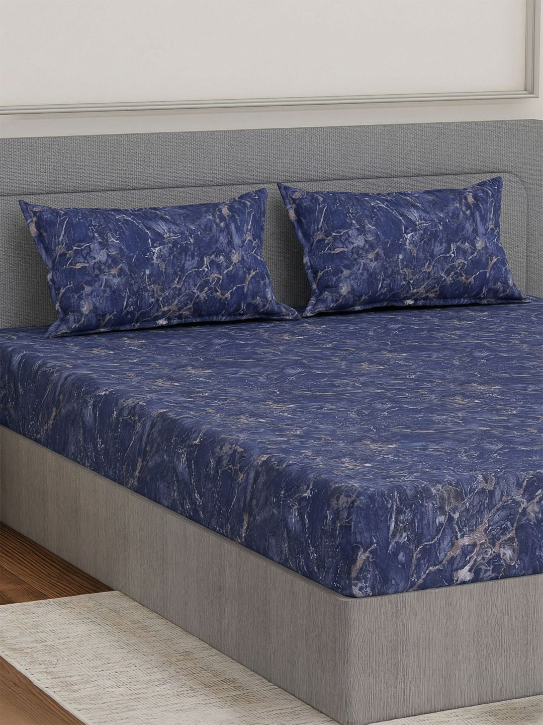 Monte Carlo Blue 210 TC King Bedsheet with 2 Pillow Covers-picture-12