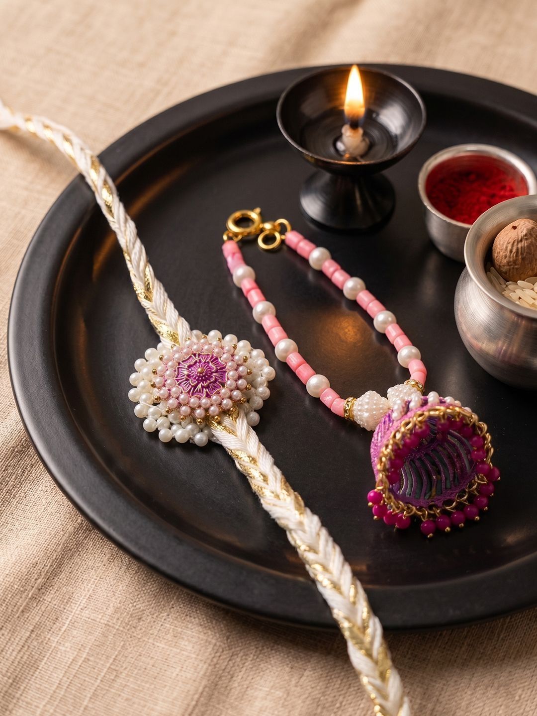 NVR Set Of 2 Floral Perals Jhumka Design Bhaiya Bhabhi Rakhi With Roli Chawal Chandan-picture-47