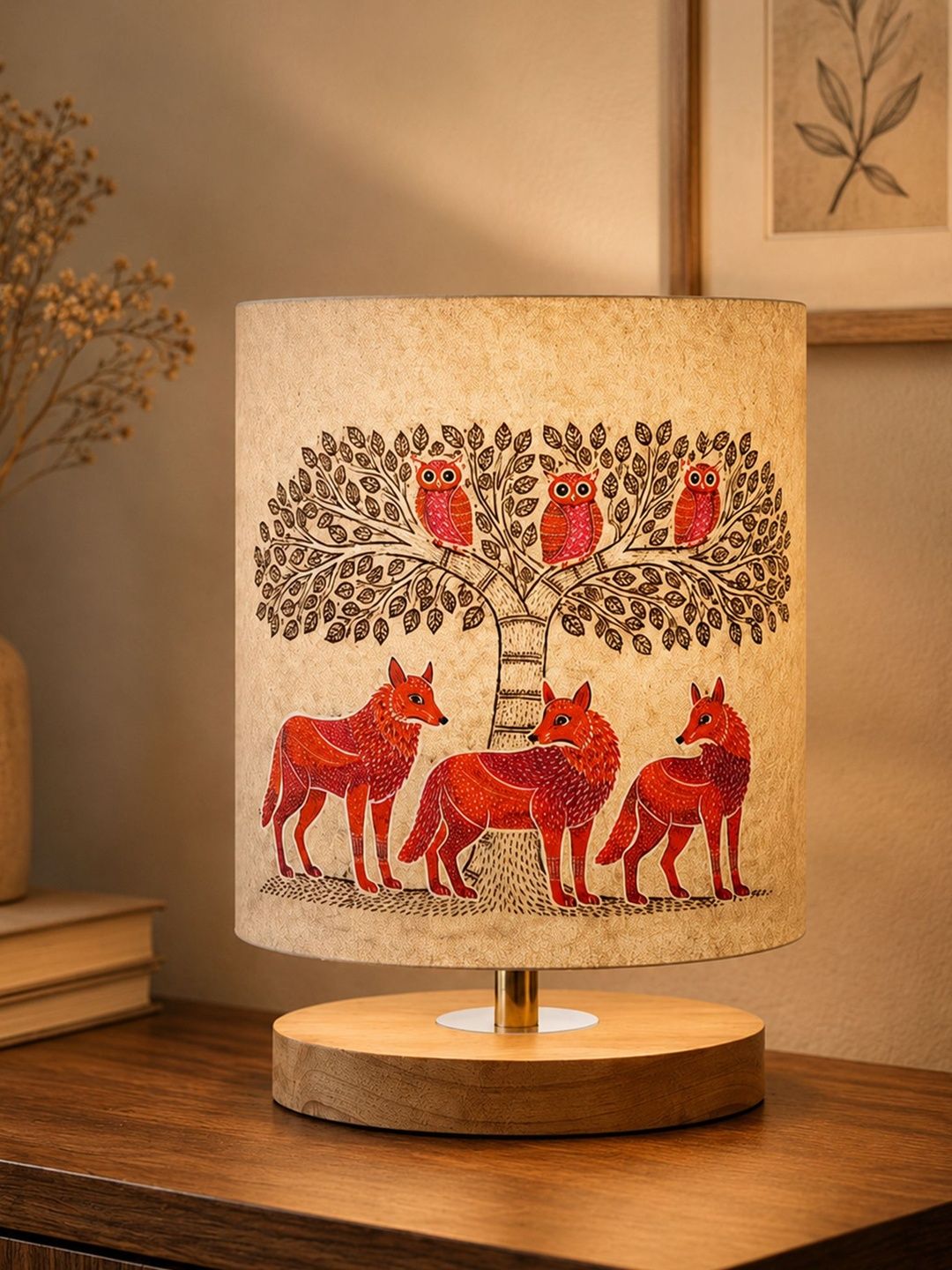 Glowhere Multicoloured Printed Wood Traditional Cylindrical Shaped Table Lamp-picture-27
