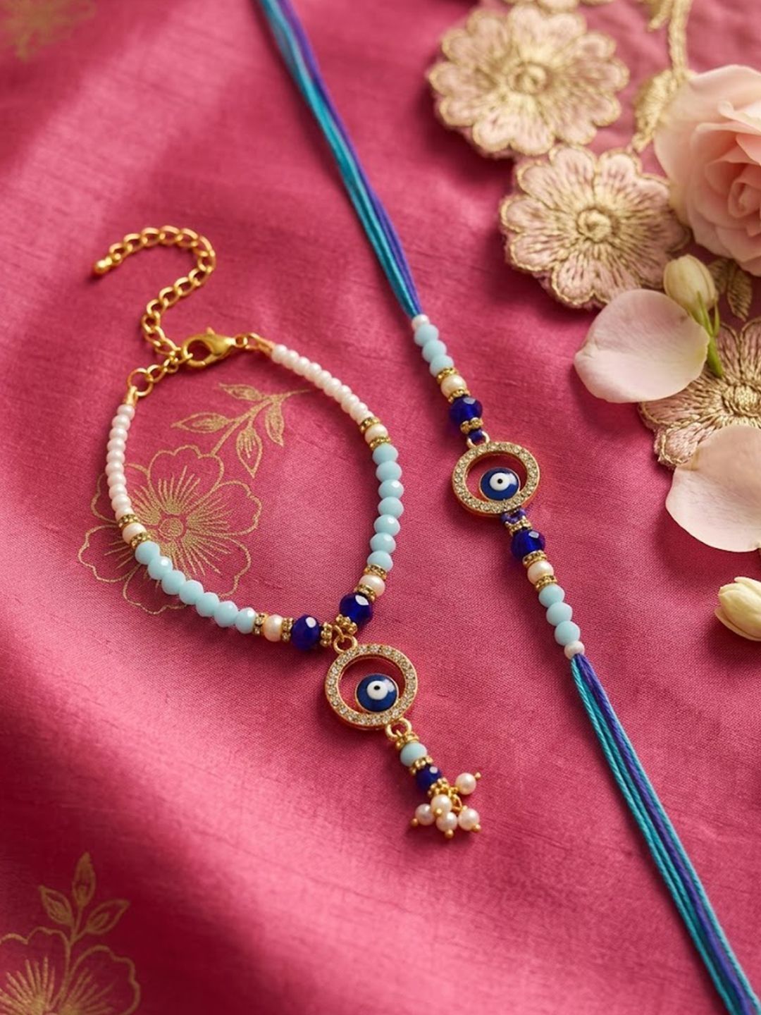 NVR Set Of 2 Blue Evil Eye Gold Toned Beaded Bhaiya Bhabhi Rakhi With Roli Chawal-picture-18