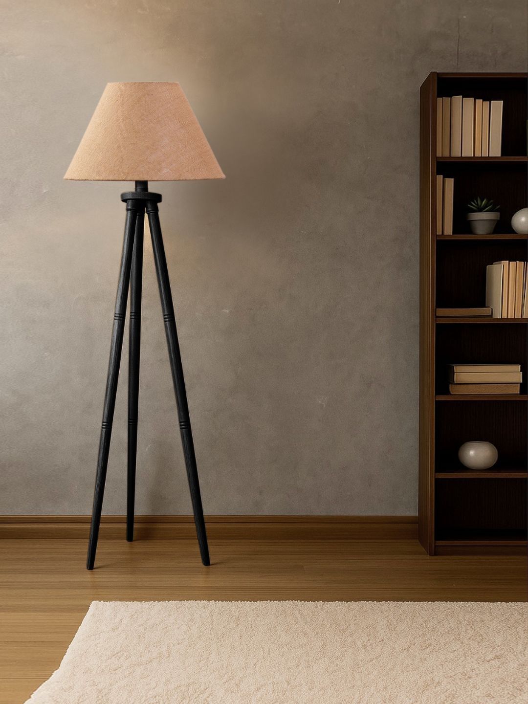 Myntra Elegant Homes Beige & Black Wooden Tripod Floor Lamp