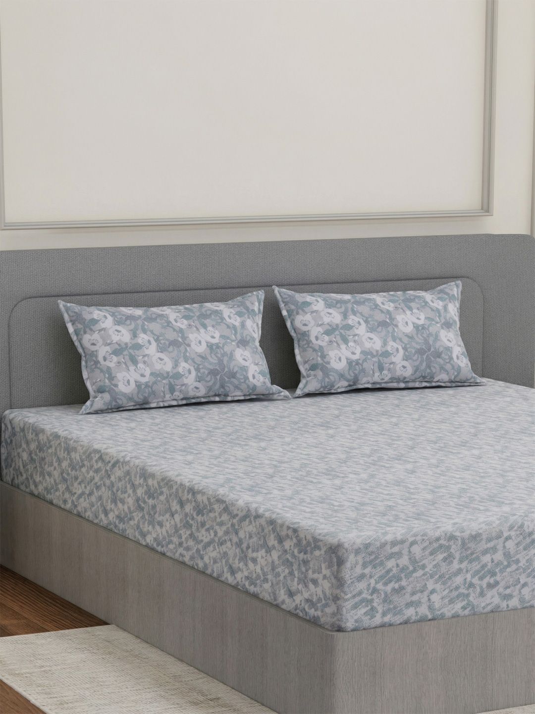Monte Carlo Grey & White Floral 144 TC King Bedsheet with 2 Pillow Covers-image-22