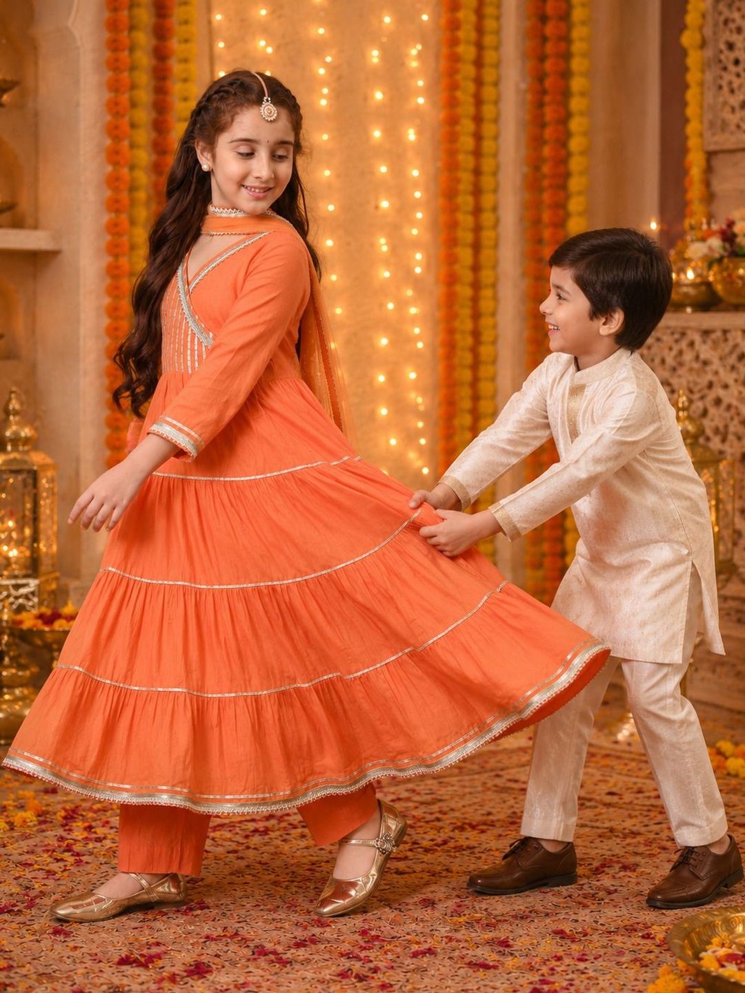 House of Pataudi Girls Yoke Design Pure Cotton V-Neck Kurta & Harem Pants With Dupatta-picture-37