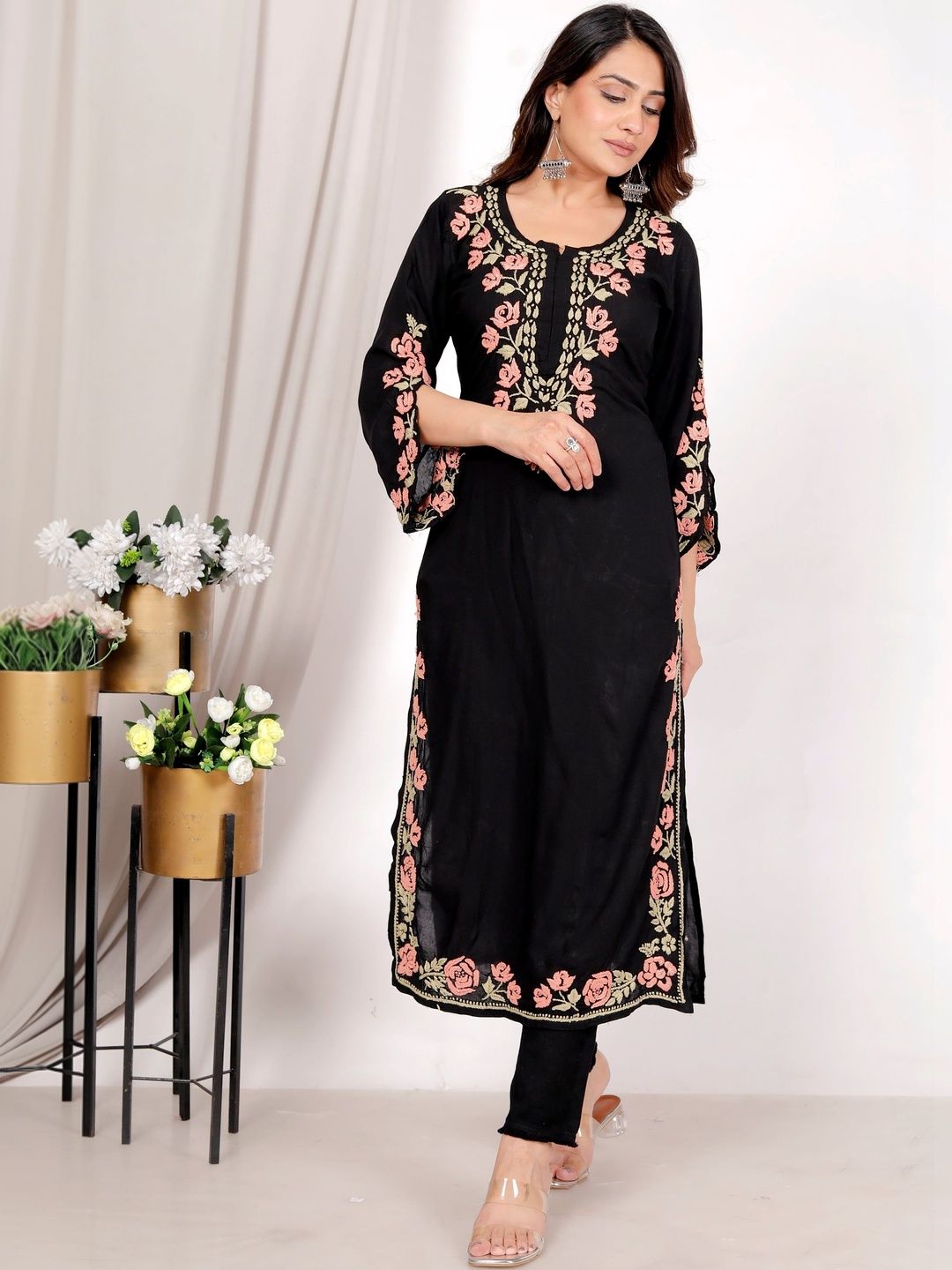 ETHNICHIK Floral Embroidered Thread Work Pure Cotton Thread Work Kurti-picture-30