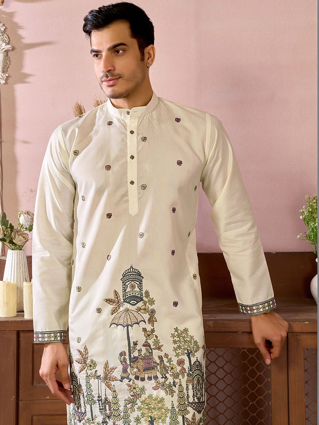 House of Pataudi Embroidered Cotton Mandarin Collar Knee Length Straight Kurta-picture-39