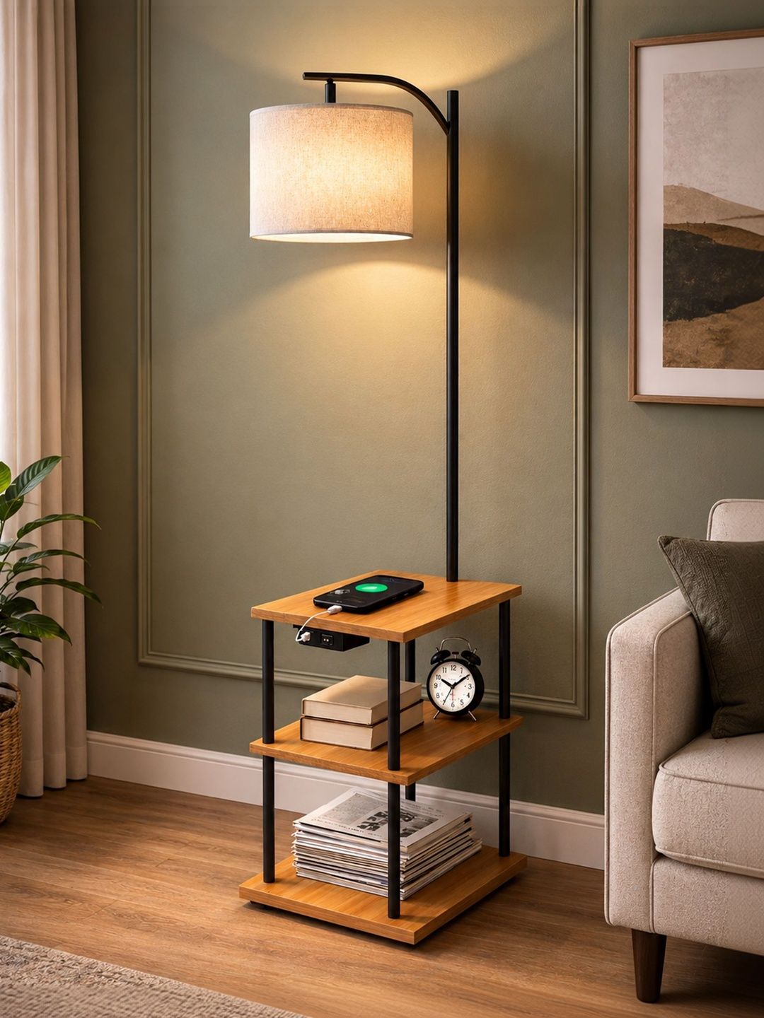 Glowhere Modern Beige & Black Frustum Floor Lamps With 3-Layers Shelves-image-11
