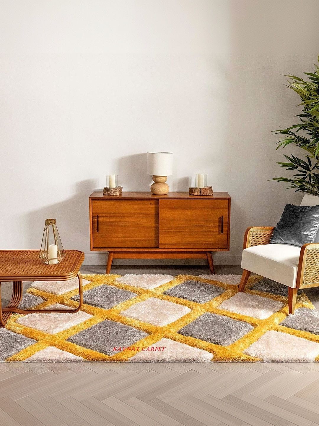 KAYNAT CARPET Yellow Geometric Anti-Skid Polyester Carpet-image-10