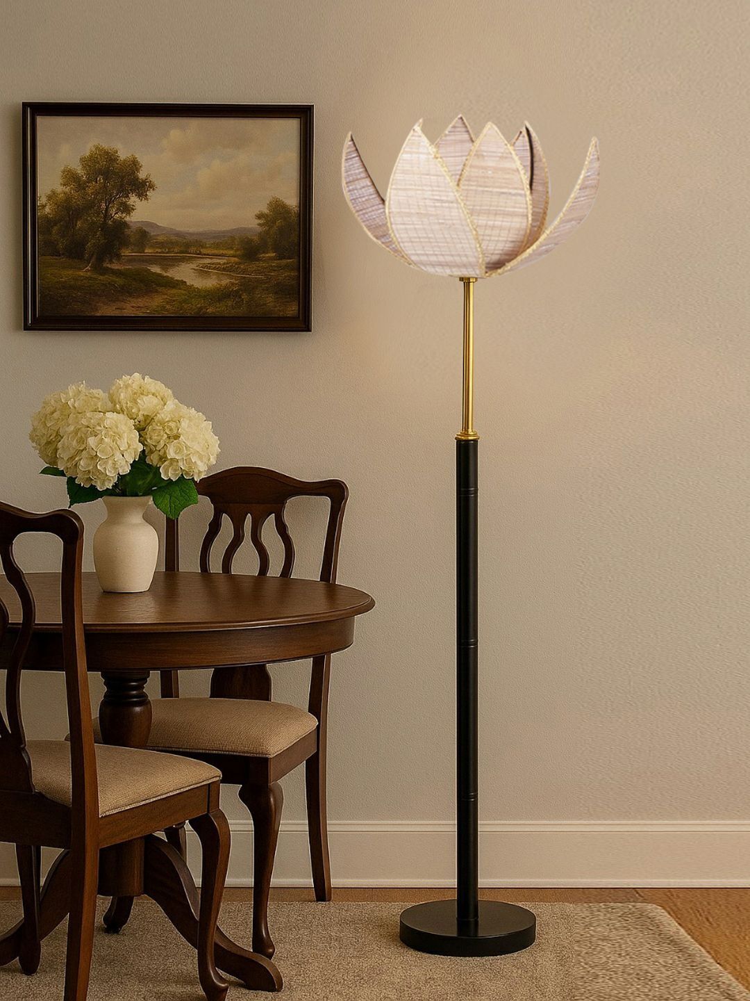 Myntra Elegant Homes Beige & White Textured Cotton & Wooden Lotus-Shape Floor Lamp-image-26