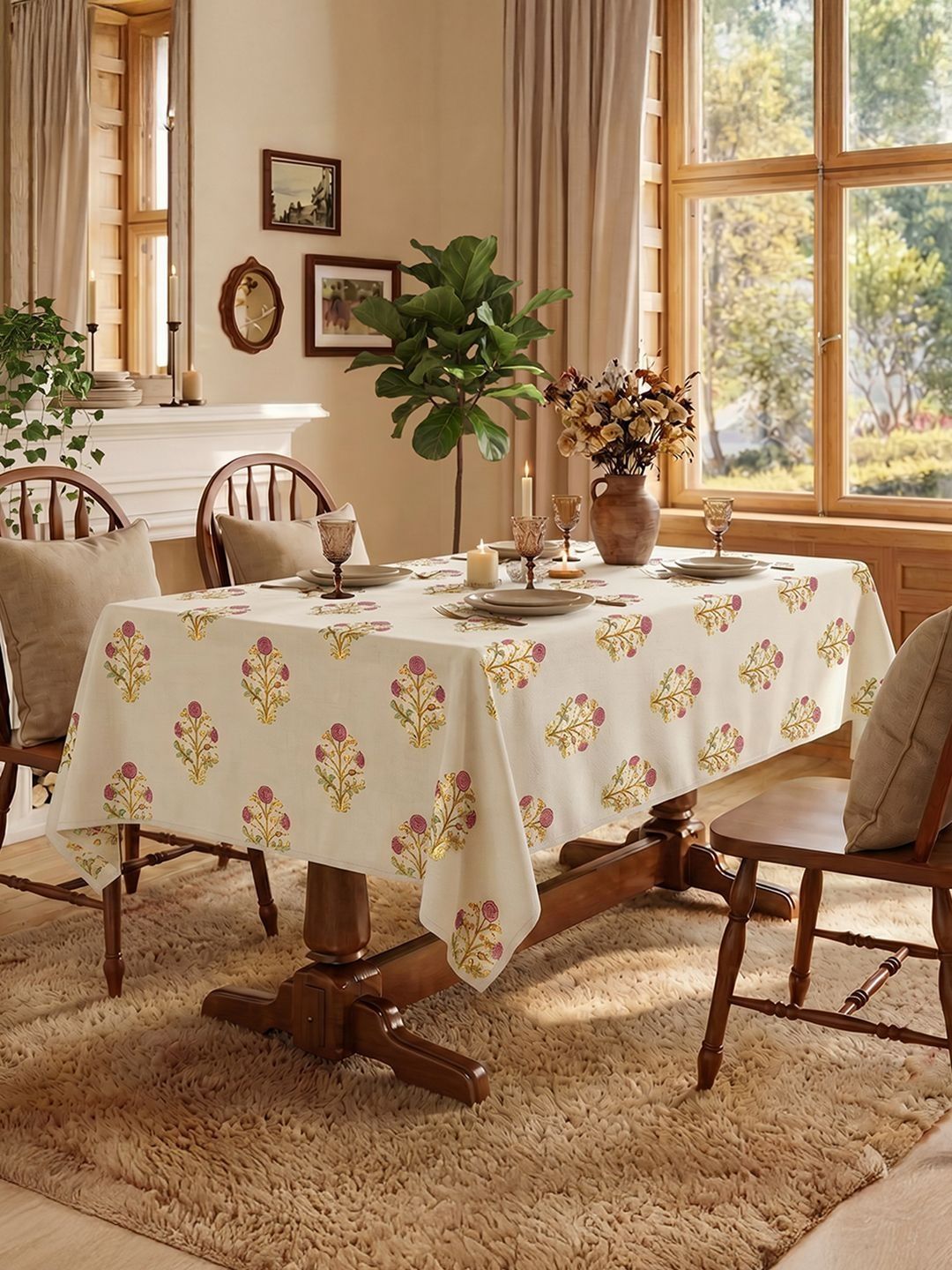 URBAN SPACE Pink Floral Anti-Skid Cotton 6-Seater Table Cover with Zari details-image-28