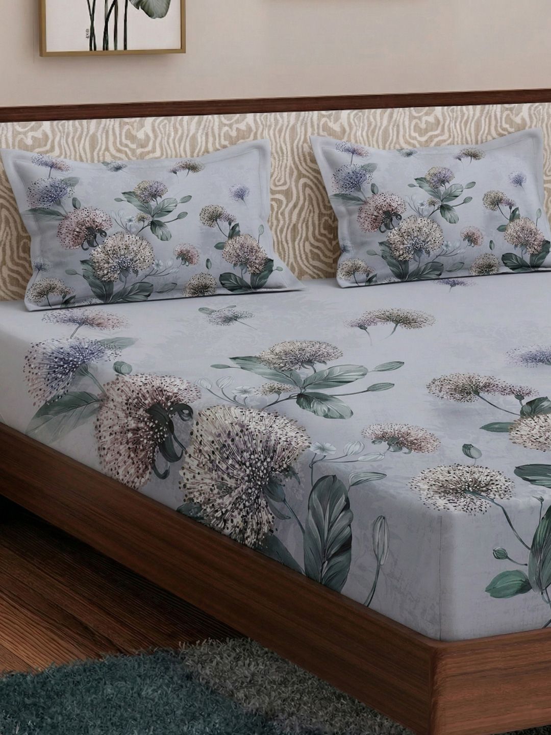 Monte Carlo Grey & White Floral Bedsheet with 2 Pillow Covers-picture-19
