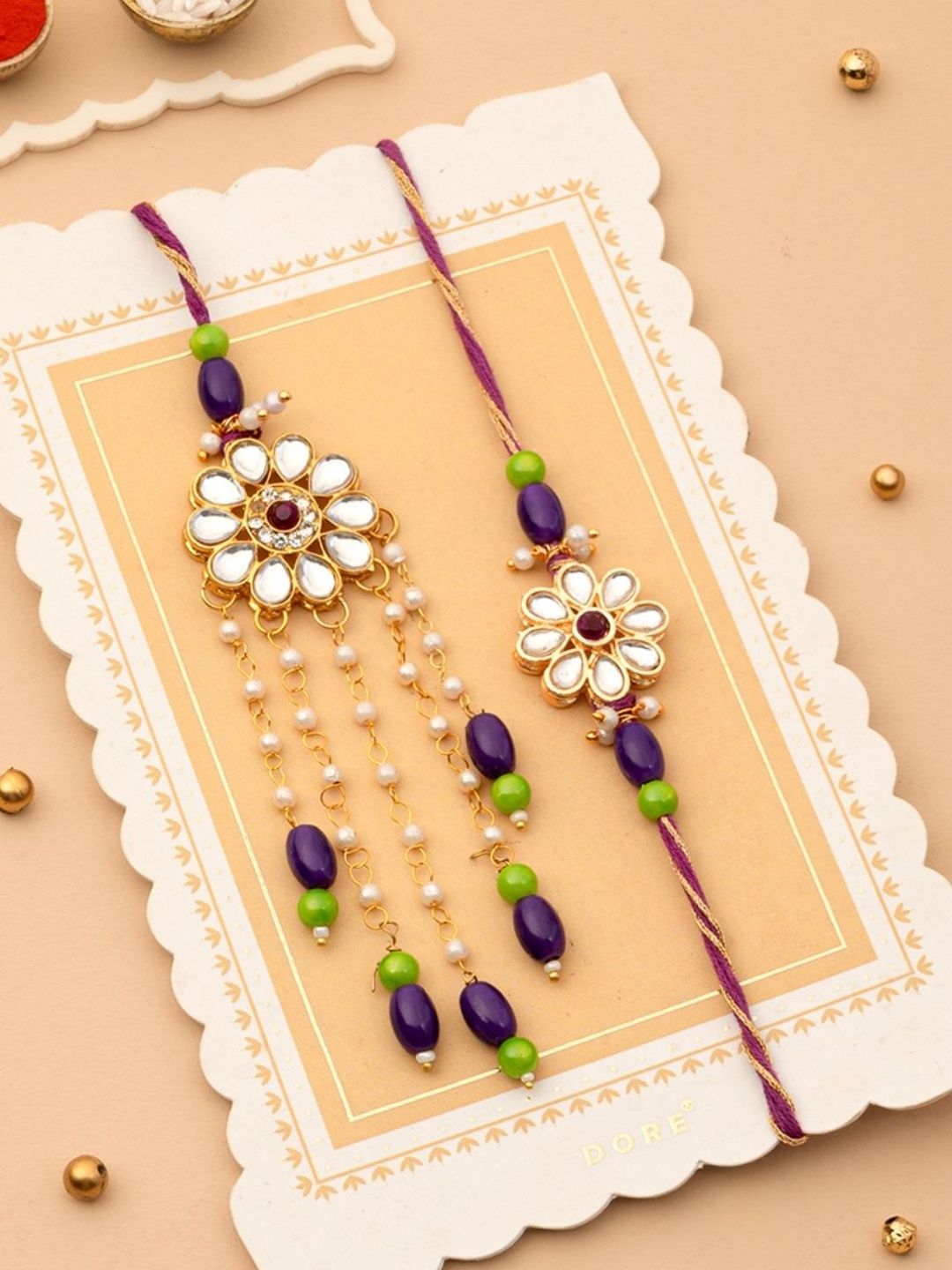 Dore Floral Kundan Rakhi & Lumba Set with Pearl Tassels for Bhaiya Bhabhi-picture-39