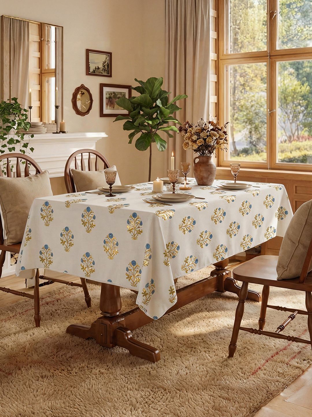 URBAN SPACE Blue Floral Anti-Skid Cotton 6-Seater Table Cover with Zari details-picture-55