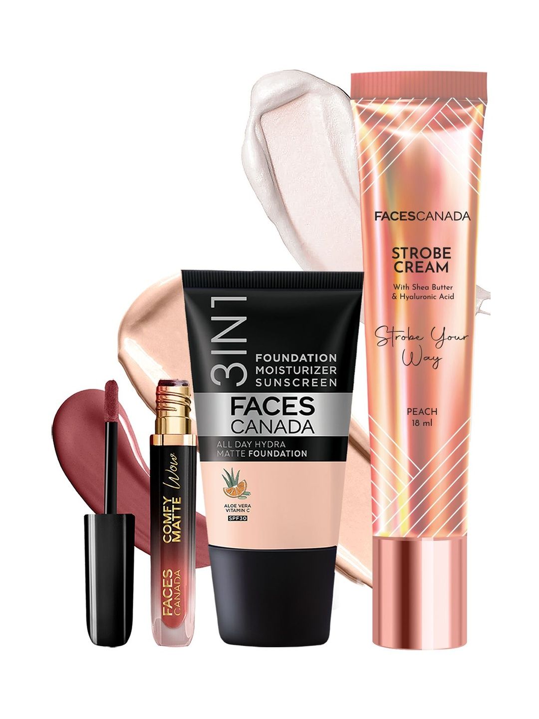 FACES CANADA Set Of 3 3 In 1 Strobe Cream Foundation - 18ml Each & Lipstick - 3.8 ml-image-47