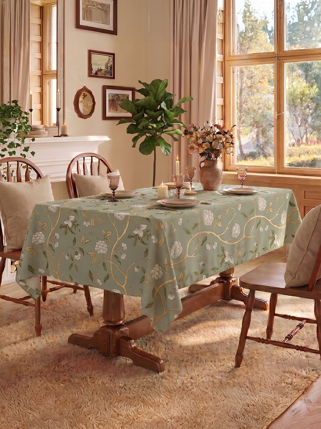 URBAN SPACE Green Floral Anti-Skid Cotton 6-Seater Table Cover with Zari details-picture-53