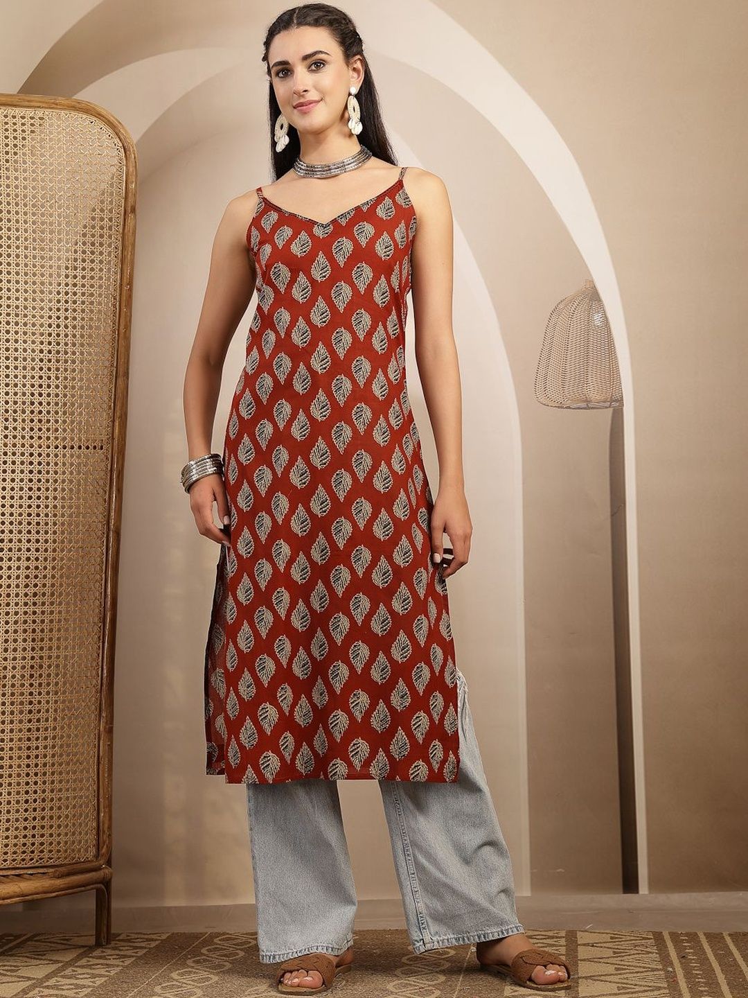 NISHABD Botanical Printed V-Neck Kurti-image-17