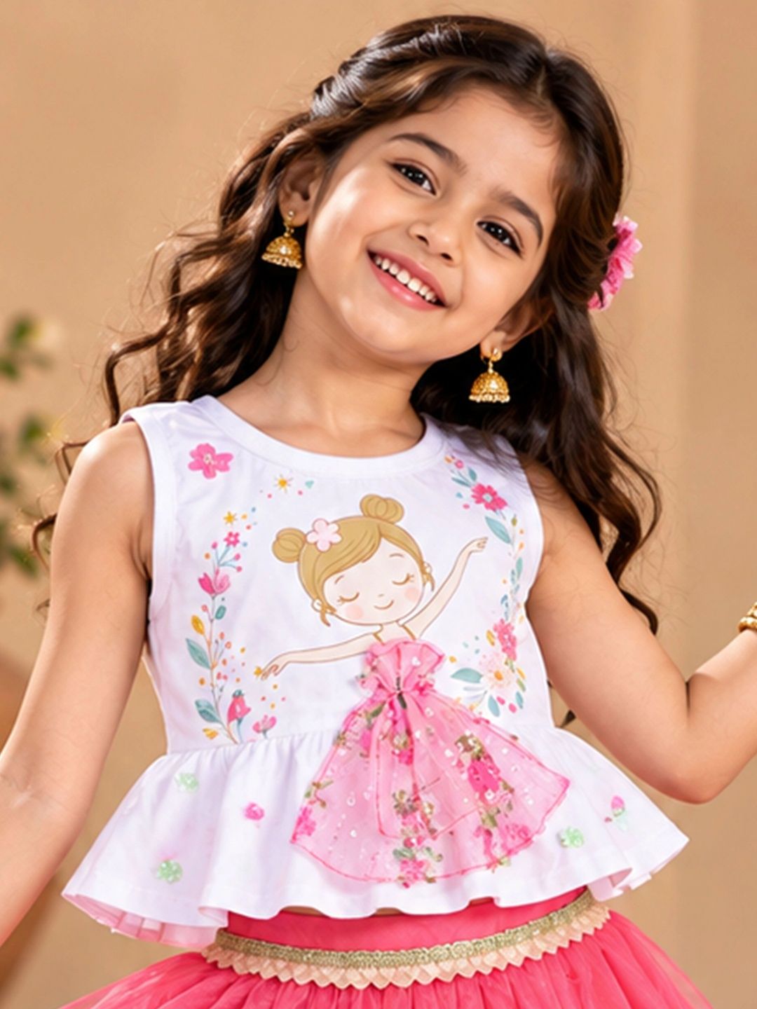 KiddoPanti Floral Print Applique Cotton Blend Peplum Top-picture-17