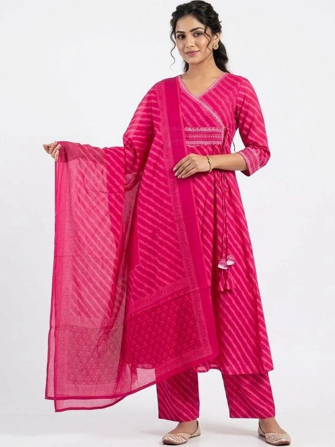 KALINI Women Leheriya Printed Angrakha Pure Cotton Kurta with Trousers & With Dupatta-picture-14