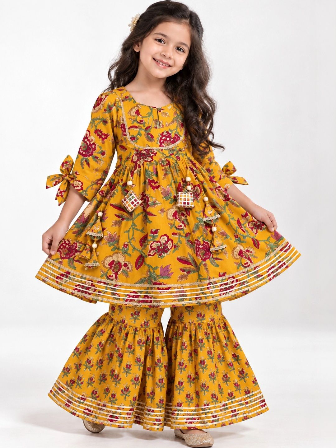 House of Vived Girls Floral Printed Tiered Gotta Patti Pure Cotton Kurta with Sharara-picture-53