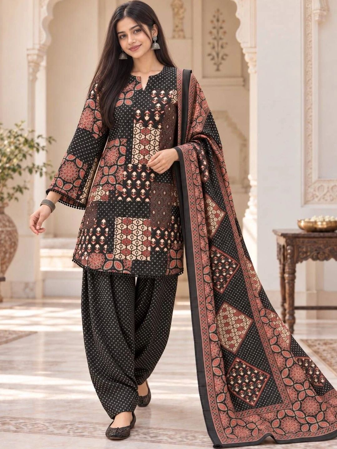 Anouk Anouk Women Ethnic Motifs Printed Regular Pure Cotton Kurta with Patiala & With Dupatta