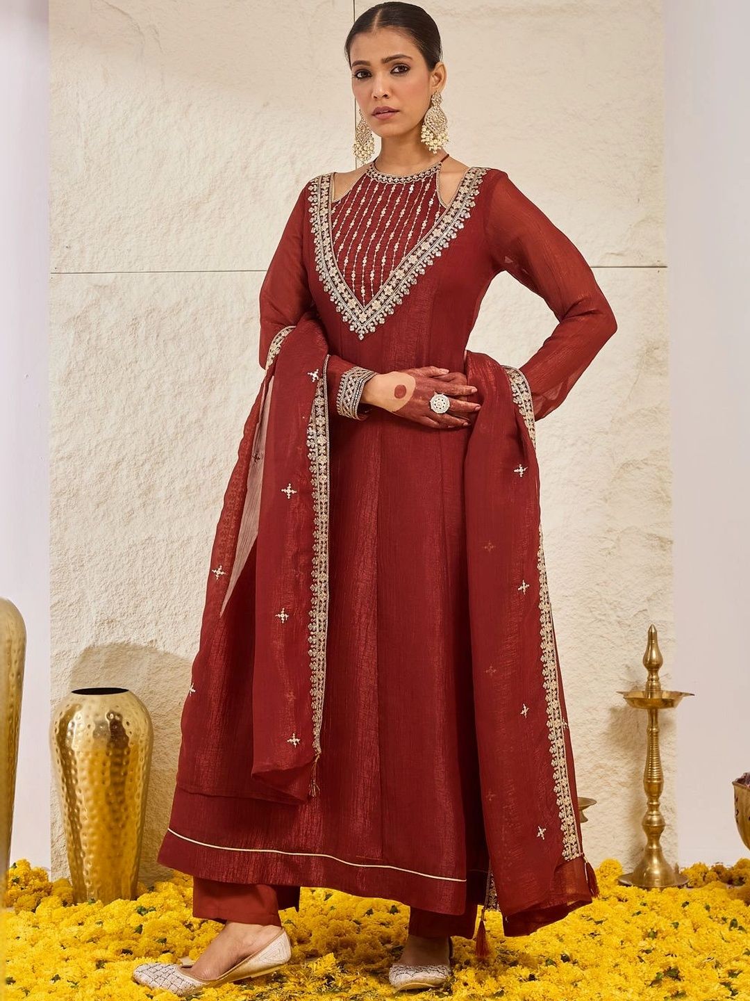 MOKOSH Women Rust Silk Embroidered Anarkali Kurta And Pant Set With Dupatta