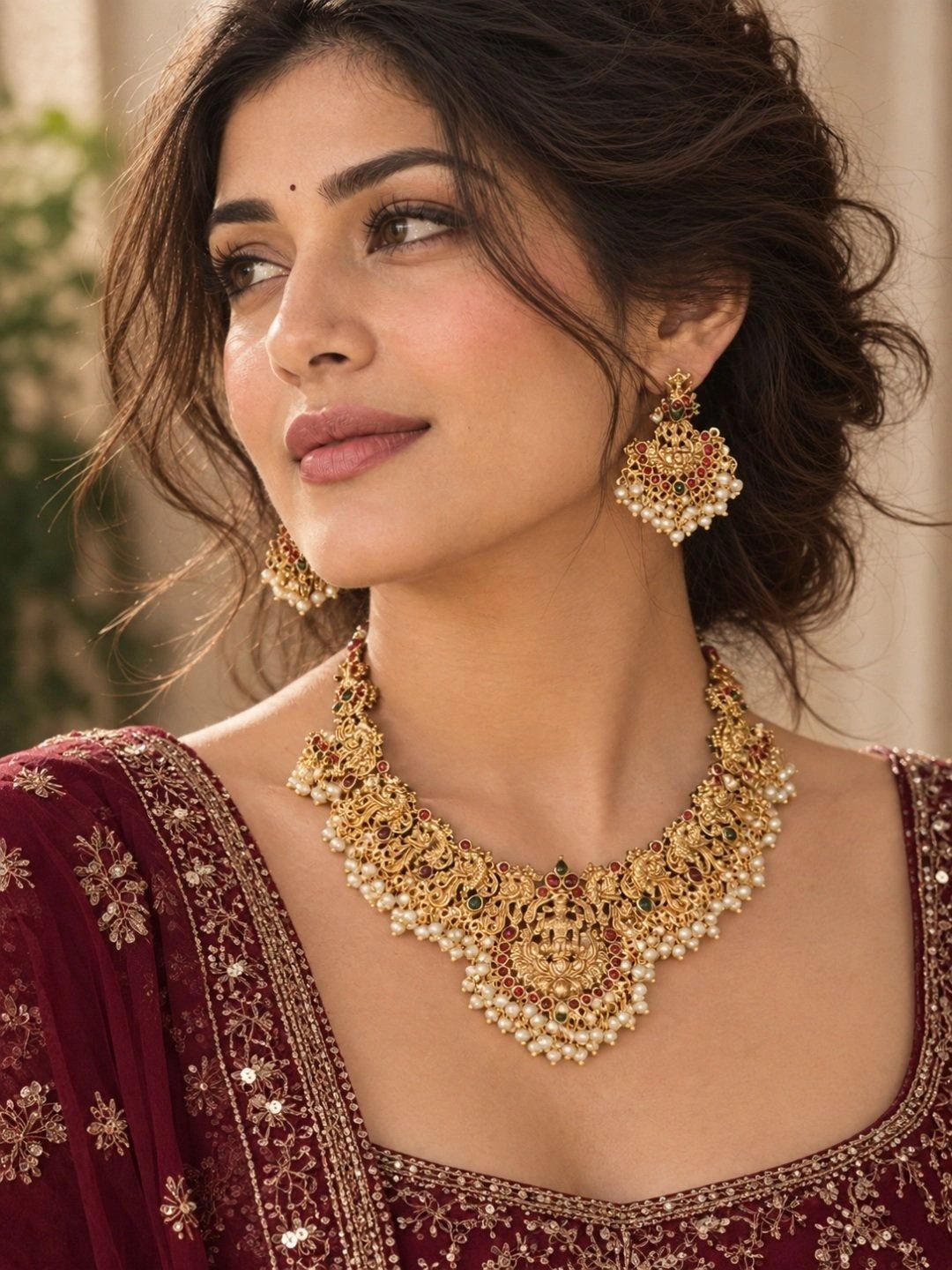 JewelSana JewelSana Gold-Plated Temple Stone Studded & Beaded Necklace and Earrings