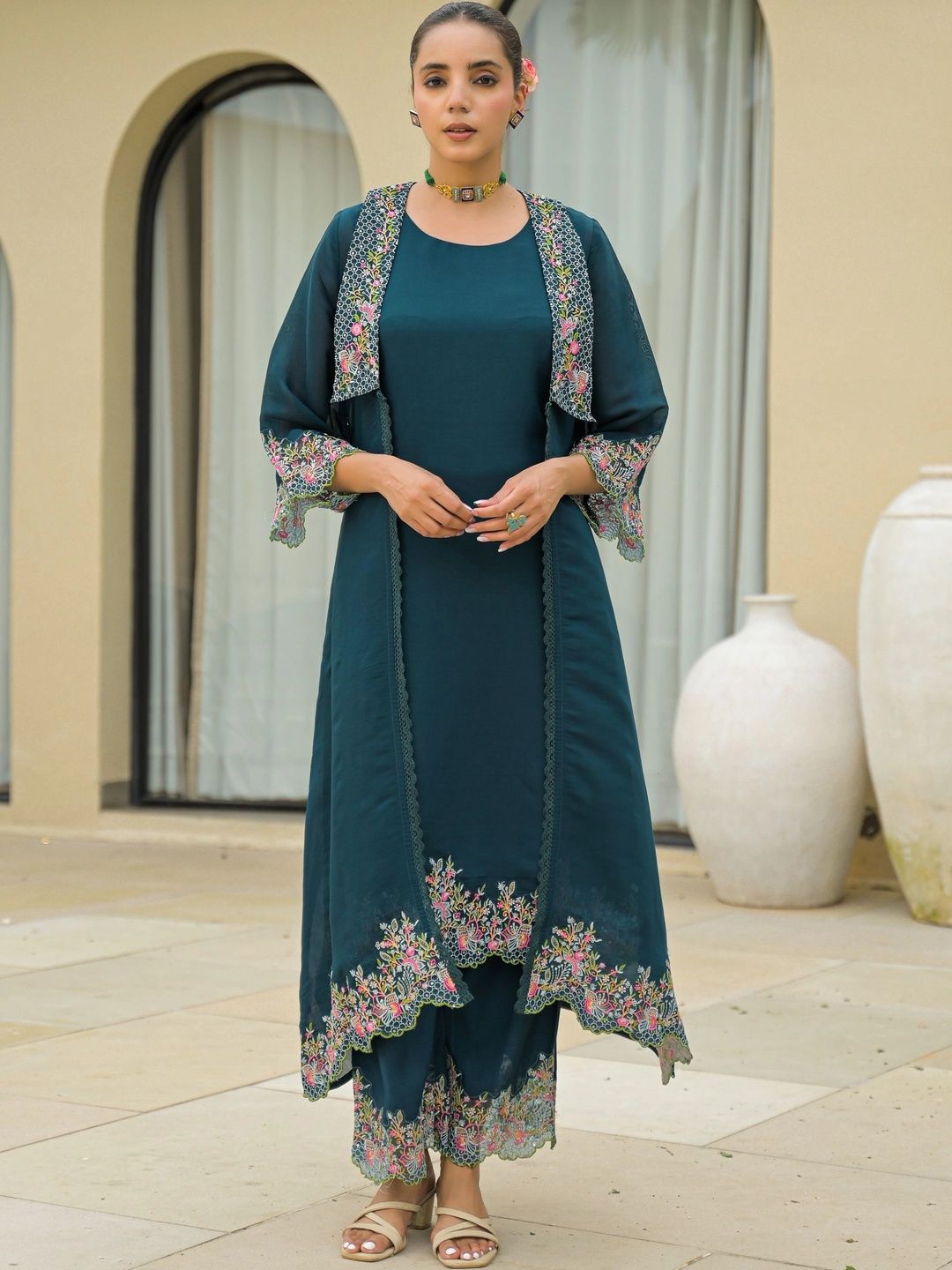 KALINI Women Floral Embroidered Regular Thread Work Kurta with Trousers-picture-5