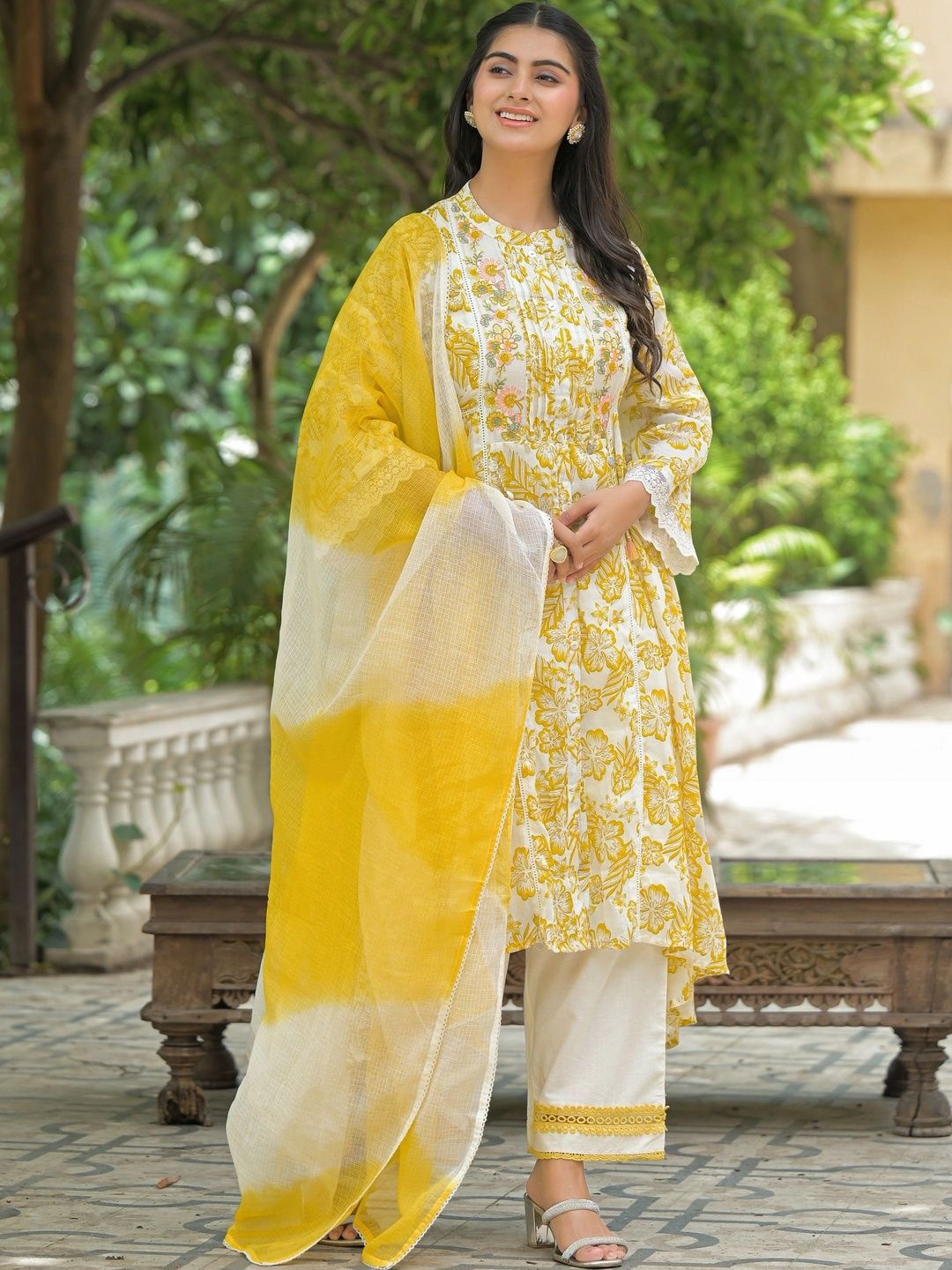 KALINI Women Floral Printed Regular Thread Work Pure Cotton Kurta with Trousers & With Dupatta-picture-15