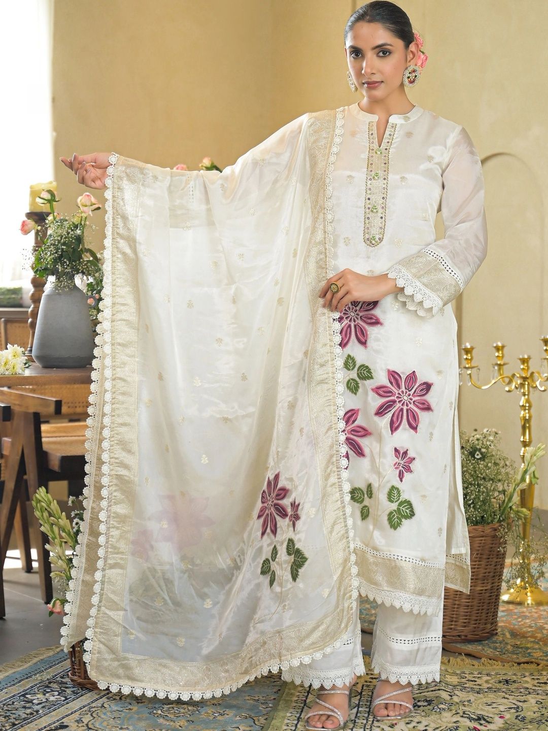 KALINI Women Floral Embroidered Regular Thread Work Pure Silk Kurta with Palazzos & With Dupatta-picture-12
