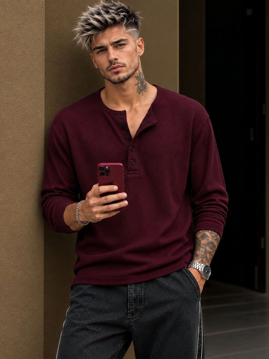 HOODLER HOODLER Men Henley Neck T-shirt
