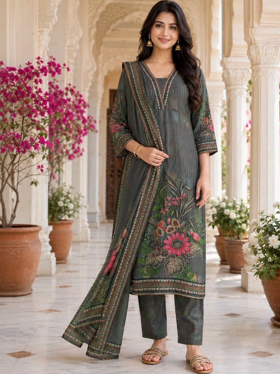 KALINI Women Floral Printed Regular Kurta with Trousers & With Dupatta-picture-11