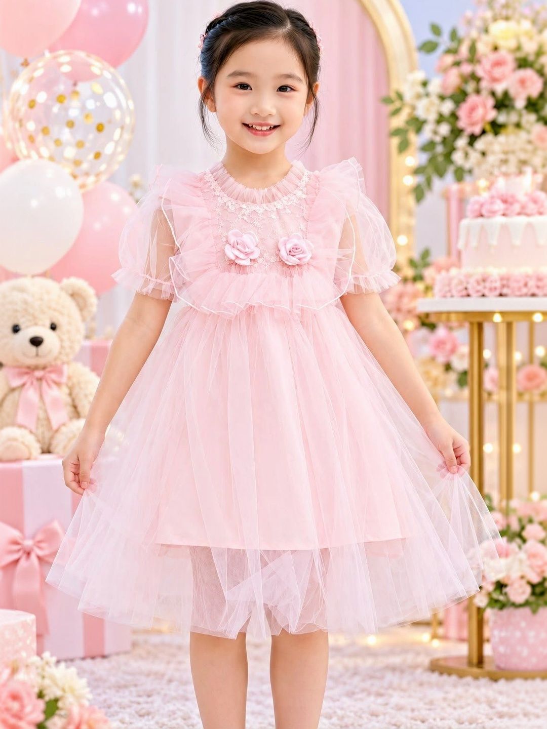 TODDHUG Embroidered Puff Sleeve Ruffled Net A-Line Dress-picture-55