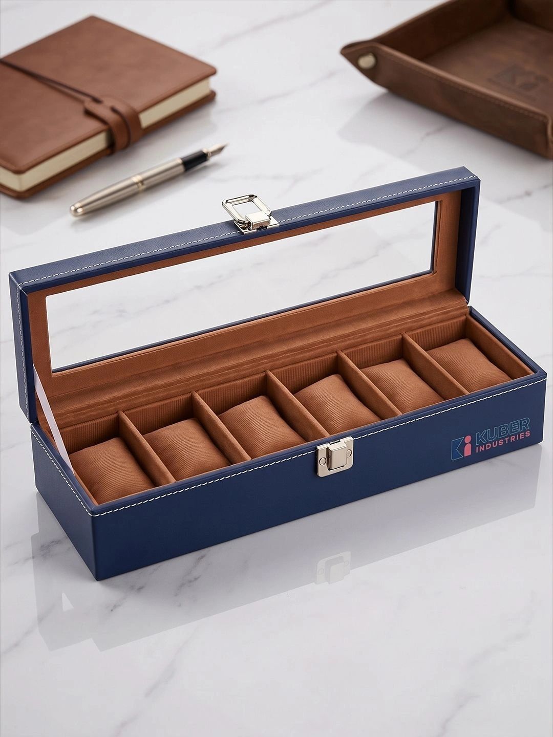 Kuber Industries Kuber Industries Navy blue & brown 6 Slot Premium Faux leather watch box strap orga