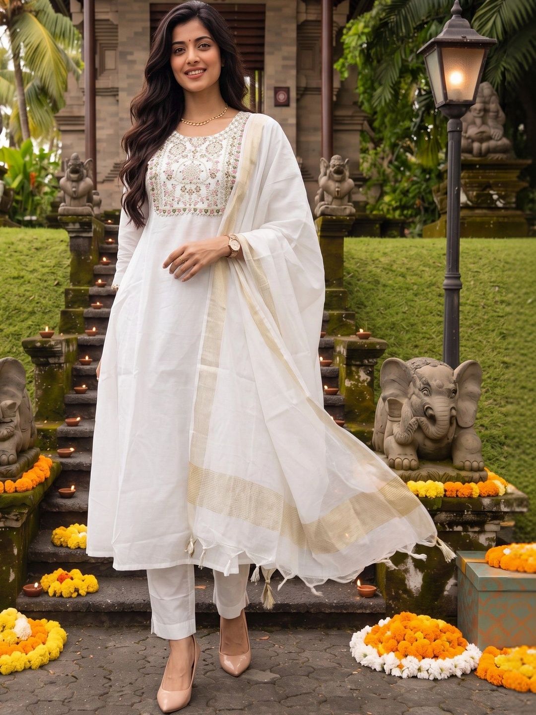 Rangita Women Ethnic Motifs Embroidered Regular Thread Work Chanderi Cotton Kurta with Trousers & With-picture-11