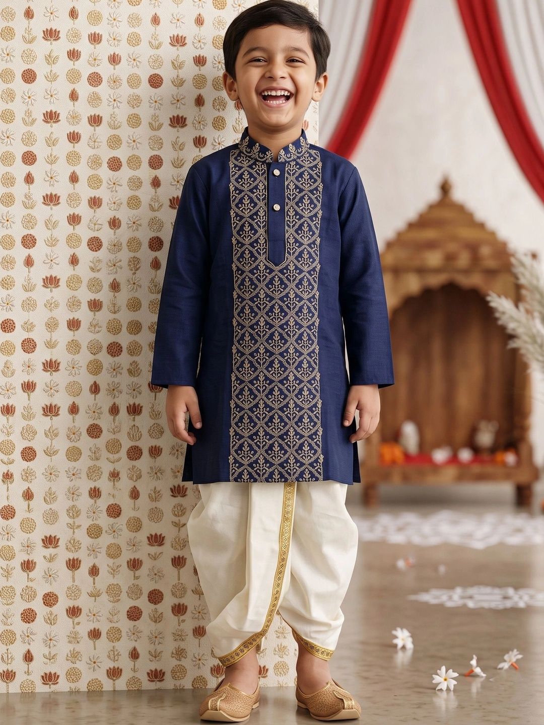 BAESD Boys Ethnic Motifs Embroidered Regular Thread Work Dupion Silk Kurta with Dhoti Pants-picture-46