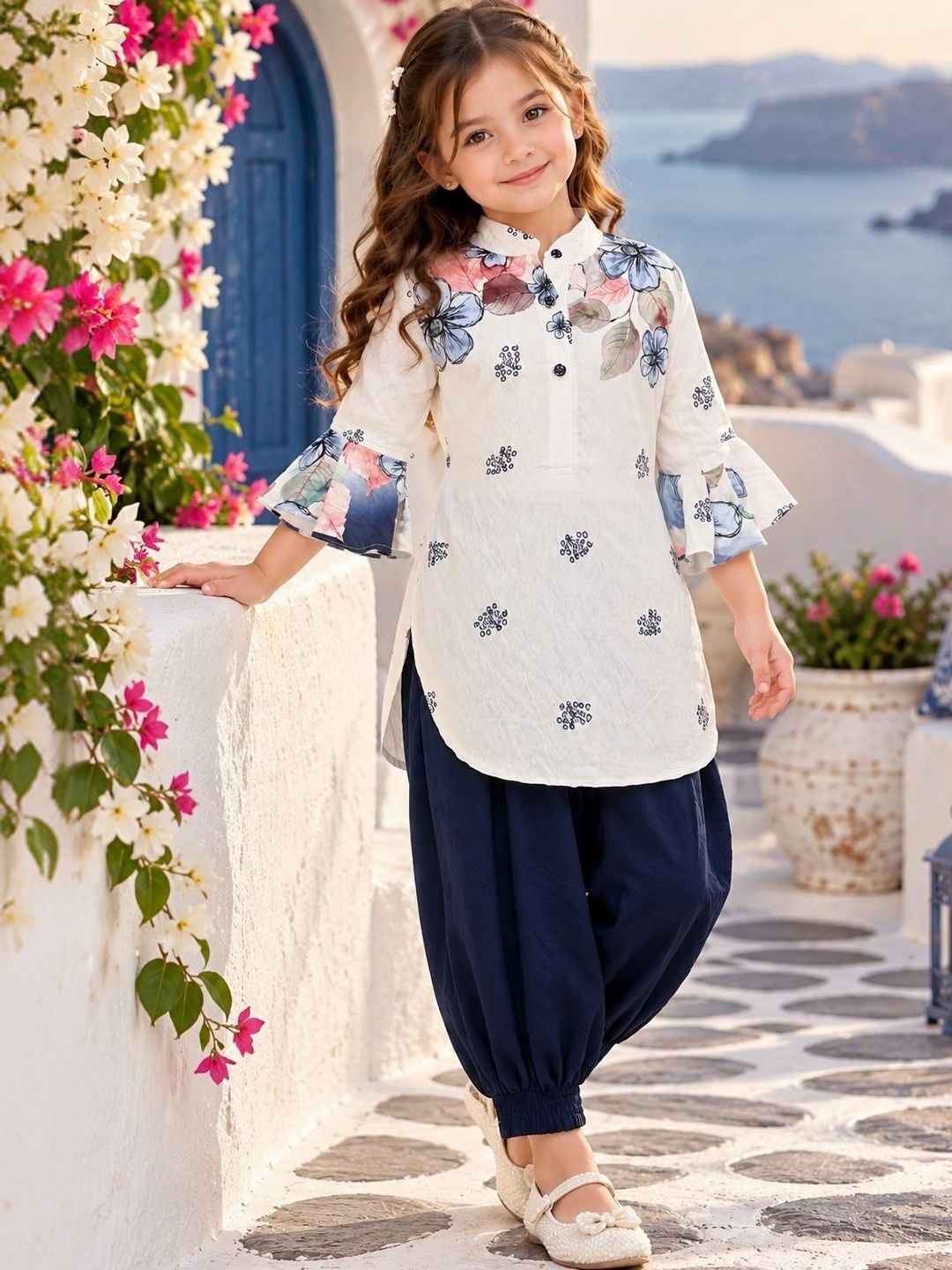 DISHIKA DISHIKA Floral Print Flared Sleeve Three-Quarter Dress