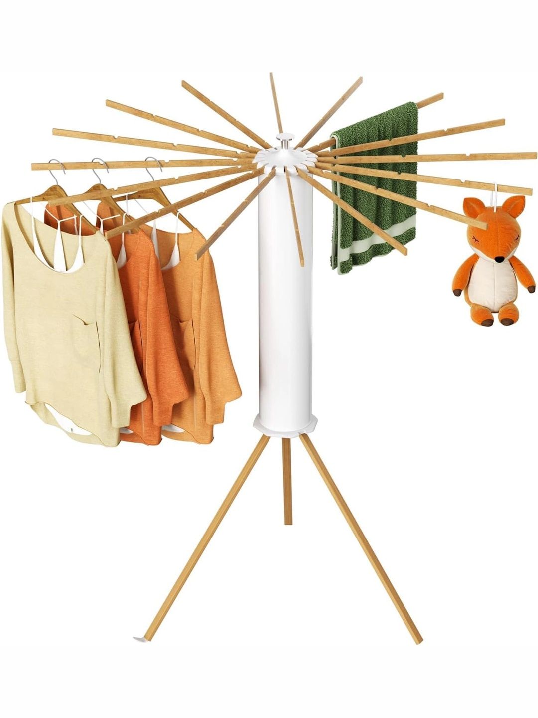 LivingBasics Tripod Clothes Drying Rack/Octopus Drying Stand, Wooden Arms
