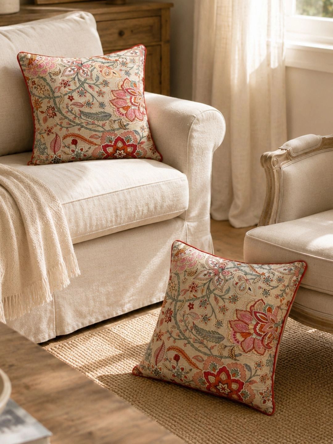 Aura Cream-Coloured & Red Set of 2 Floral Square Cushion Covers-picture-17