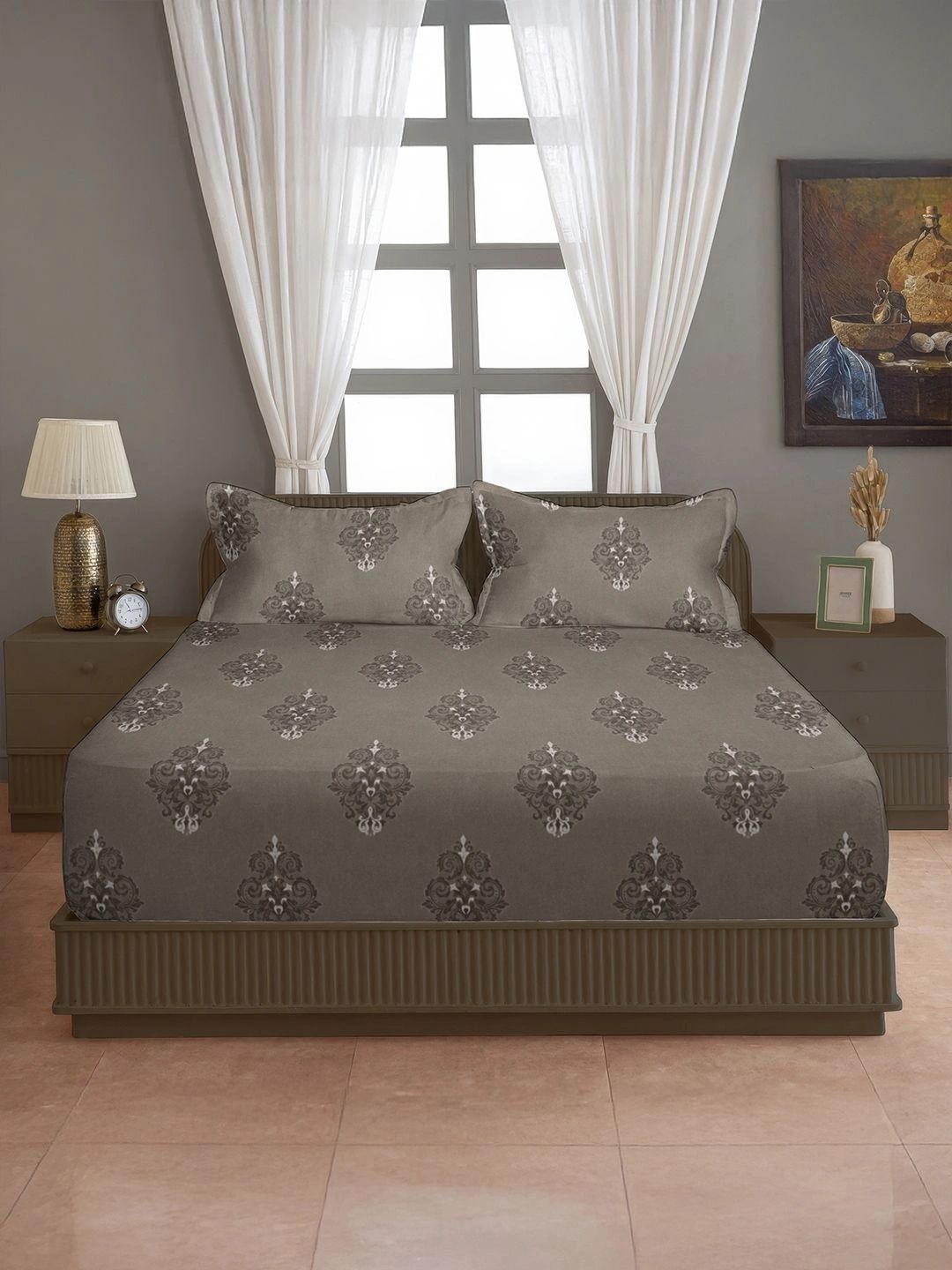 SWAYAM Brown & Grey Ethnic Motifs 180 TC Bedsheet with 2 Pillow Covers-picture-38