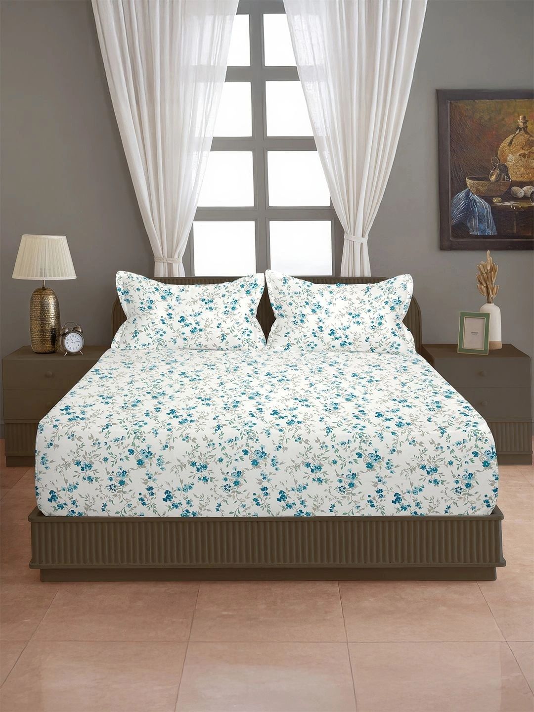 SWAYAM White & Blue Floral 210 TC King Bedsheet with 2 Pillow Covers-picture-26